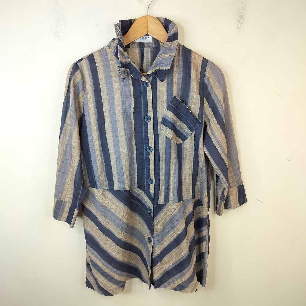 Terra SJ Apparel Button Up Tunic Stand Collar Small Striped Lagenlook Blue Tan